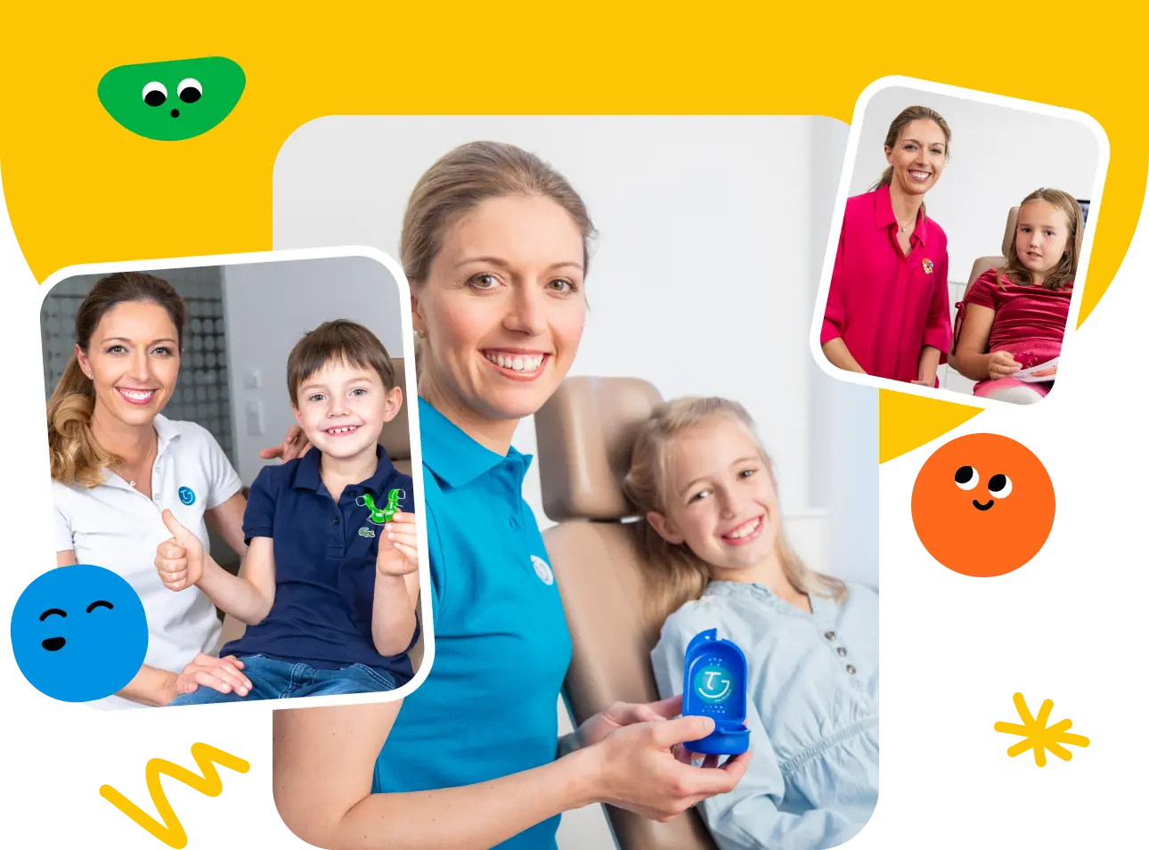 Kinder werden gezeigt, die Spaß an der kieferorthopädischen Frühbehandlung mit ihren herausnehmbaren Zahnspangen haben.