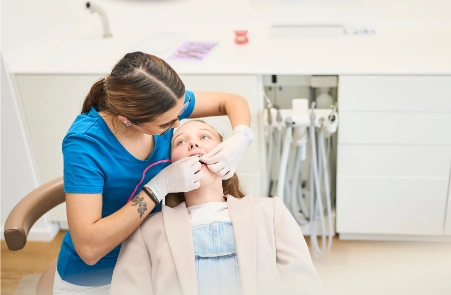 sorgfältiger Bogenwechsel bei der festen Zahnspange bei einem Mädchen, durchgeführt von freundlicher und kompetenter Mitarbeiterin